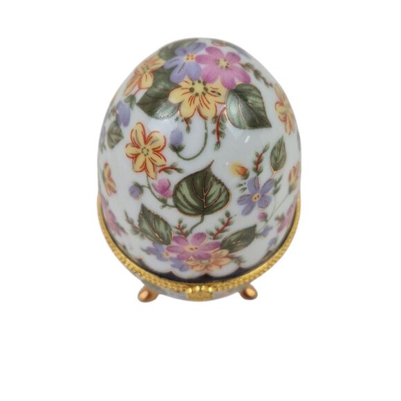 Egg Trinket Box Vintage Floral Porcelain Gold Accents Hinged Lid Tripod Legs - Picture 4 of 10
